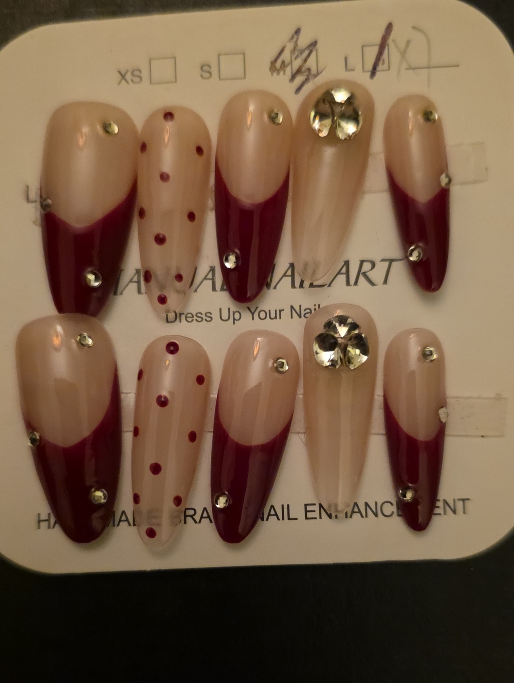 Source Unknown Burgundy and Nude Rhinestone Press-On Nail Set
